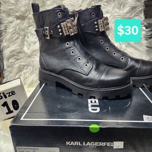 Karl Lagerfeld Black Leather Boots with Crystal Buckles